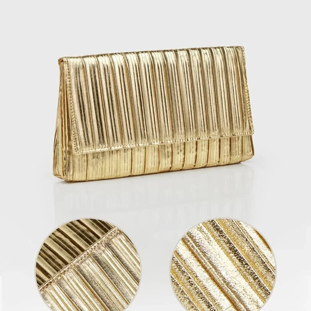 Clutch Purse Women Evening Bag Gold Pleated Flap Formal Party Handbag